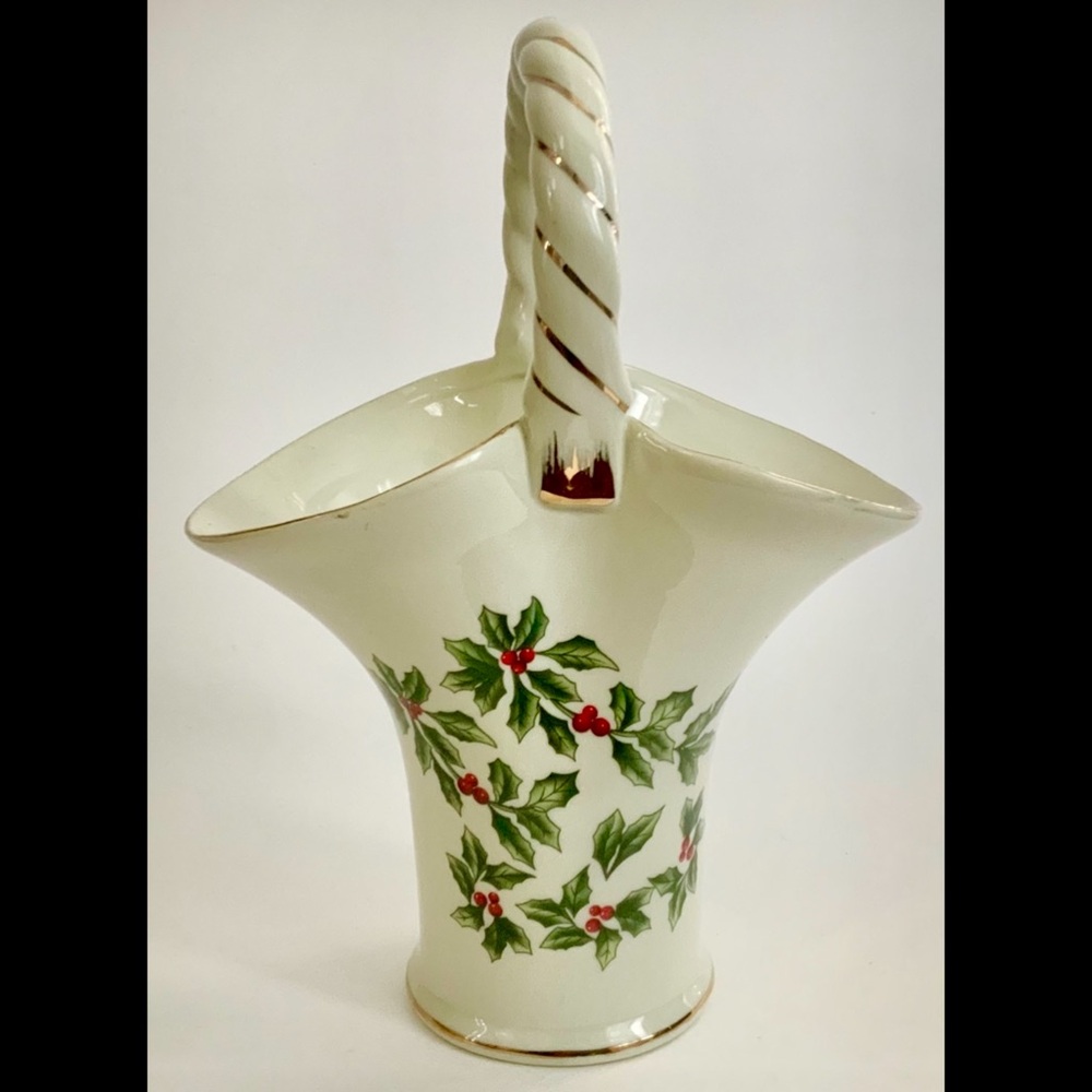 Christmas Holly Ceramic Handled Basket Vase Formalities by Baum Bros